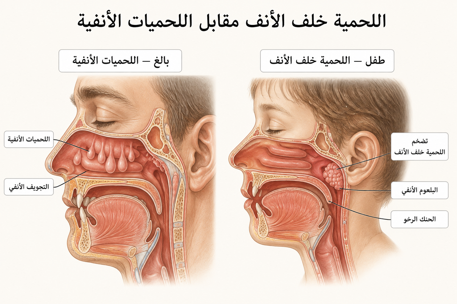 مقارنة توضيحية بين اللحميات الأنفية داخل تجويف الأنف واللحمية خلف الأنف.