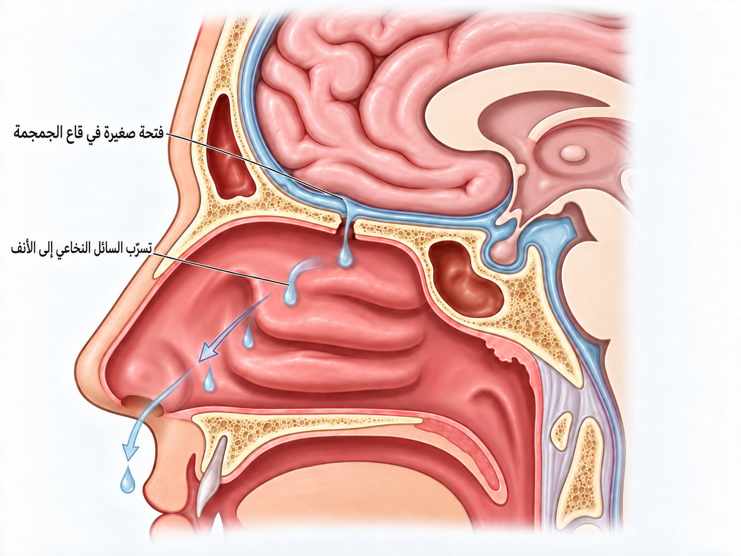 رسم مقطعي بإشارات عربية يوضح فتحة صغيرة في قاع الجمجمة أسفل الدماغ تسمح بتسرّب السائل النخاعي إلى تجويف الأنف.