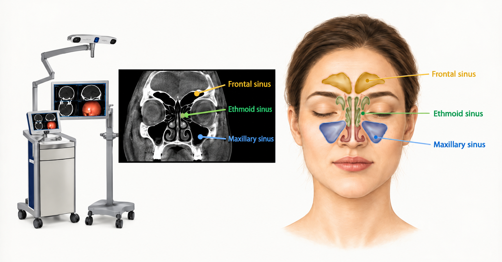 Image-guided navigation equipment beside a coronal CT scan and an anatomical illustration, both labelling the frontal sinus in gold, the ethmoid sinus in green and the maxillary sinus in blue.