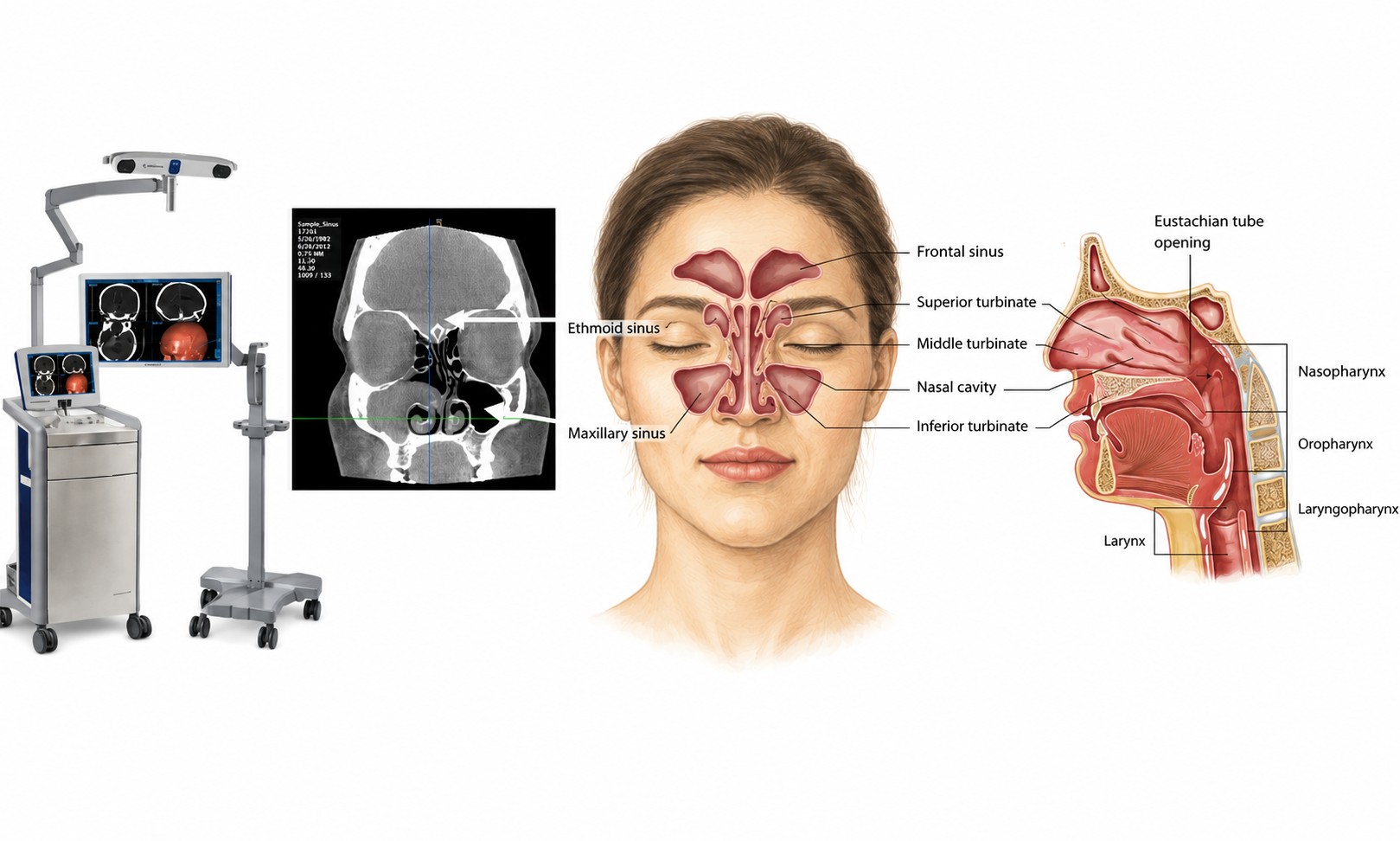 Computer-guided navigation equipment, a CT scan with targeting crosshairs, and reference diagrams of sinus and airway anatomy used in image-guided sinus surgery.