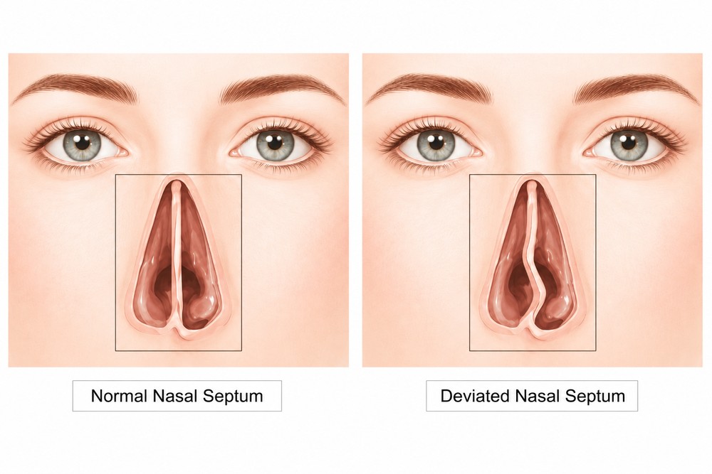 Diagram comparing a normal, straight nasal septum with a deviated nasal septum, showing how the deviation narrows one nasal passage.