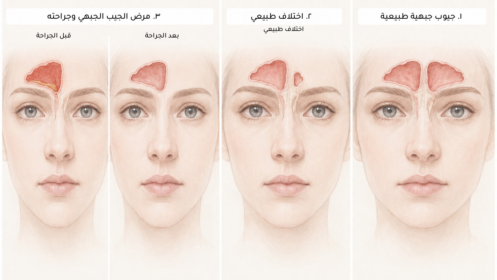 رسم توضيحي من ثلاث لوحات يوضح الجيوب الجبهية الطبيعية، واختلافًا طبيعيًا يكون فيه أحد الجيبين أصغر بكثير أو غير موجود، وجيبًا جبهيًا مسدودًا قبل الجراحة مقابل فتحة أوسع وواضحة بعدها.