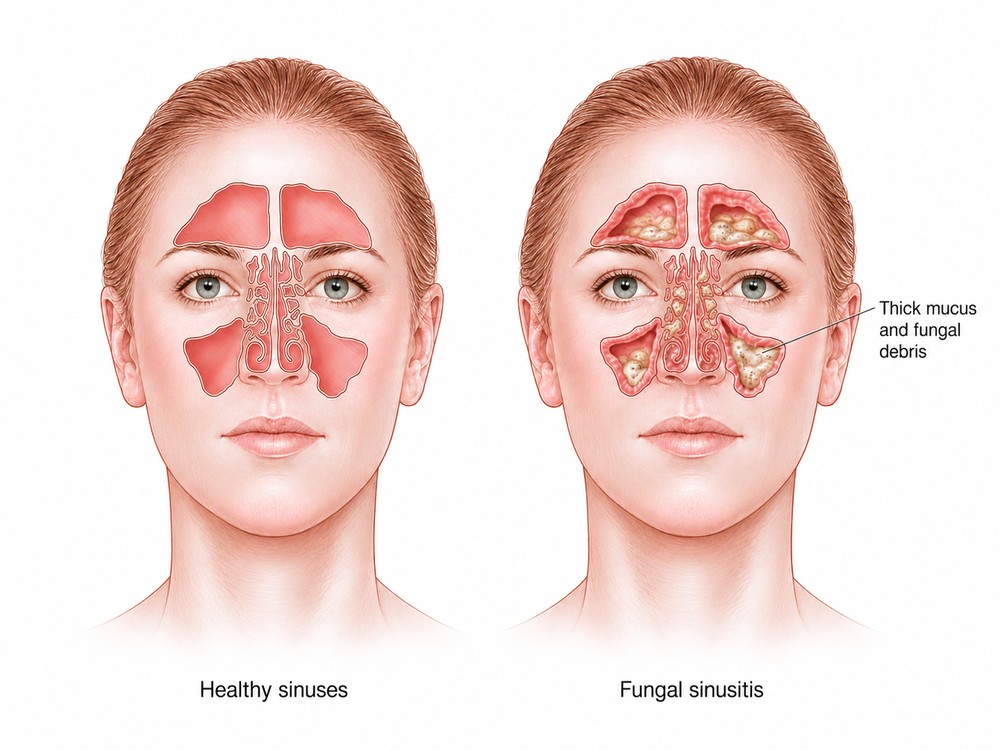 Diagram comparing healthy sinuses with allergic fungal sinusitis, showing thick mucus and fungal debris filling the affected sinuses.