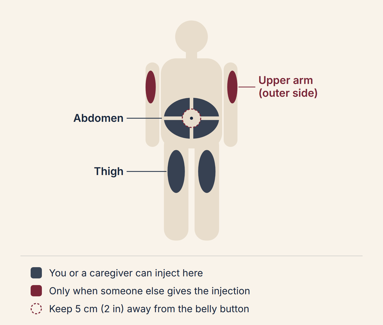 Injection sites: abdomen and thighs for self-injection; outer upper arms only when someone else gives the injection.