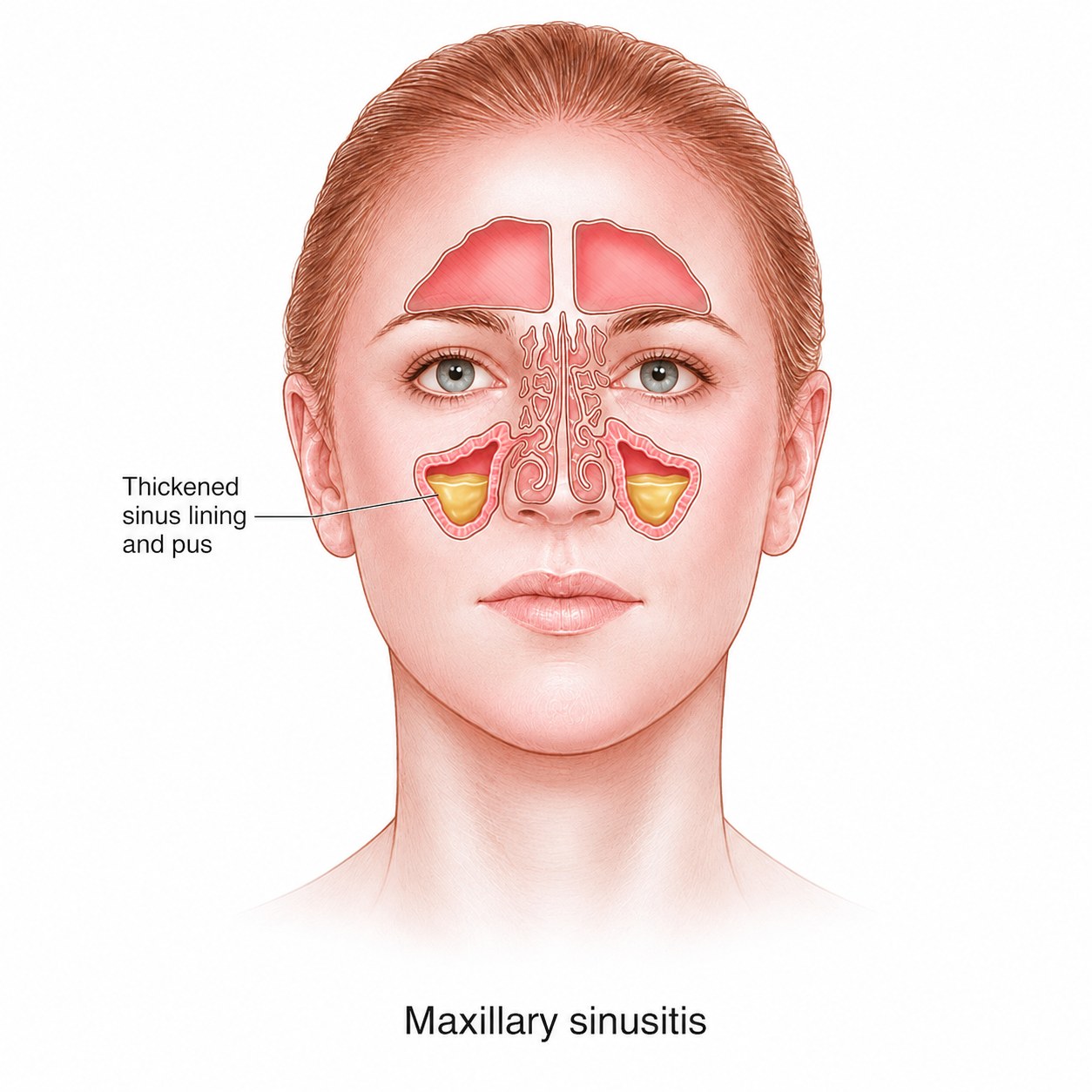 Diagram of the face showing thickened sinus lining and pus within the maxillary sinuses on both sides.