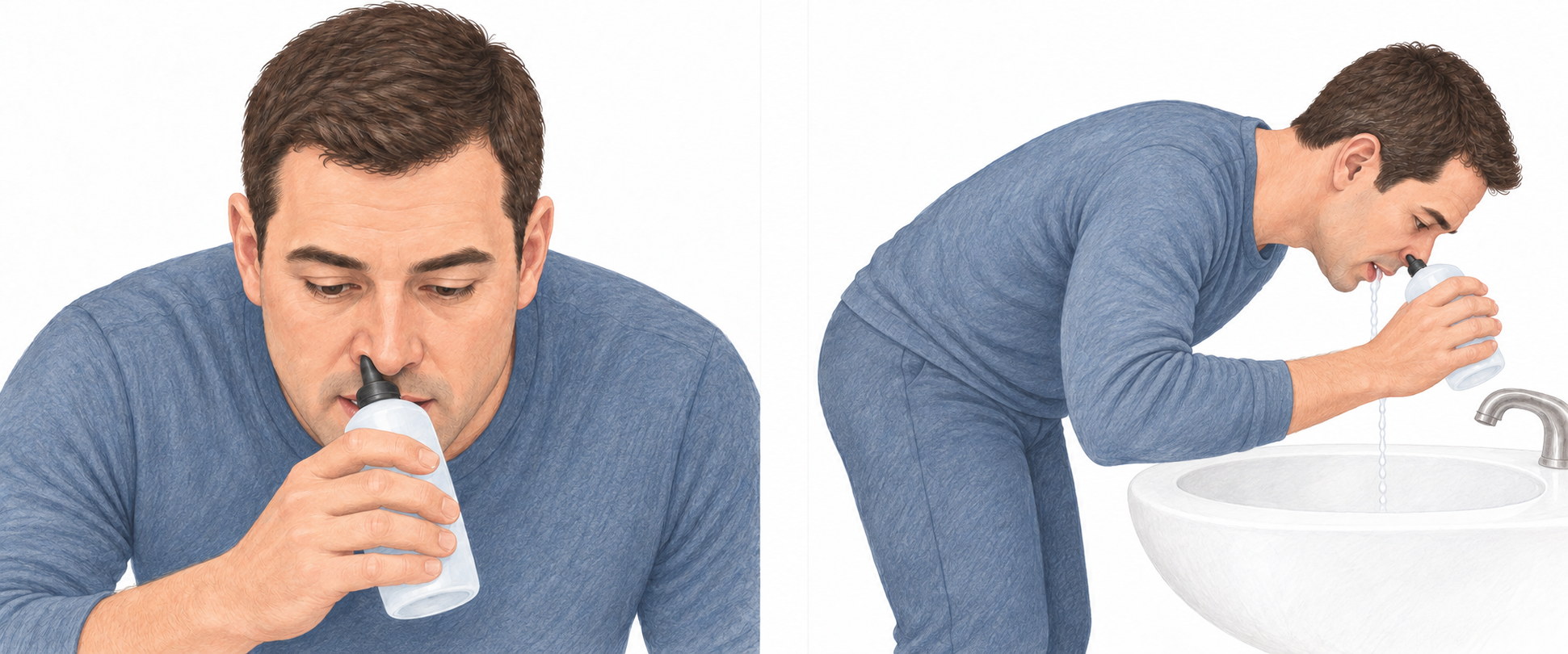 Correct nasal irrigation technique: bending forward over the sink with the face directed downward, the bottle tip placed in one nostril and aimed toward the back of the head, and the saline draining out into the sink.