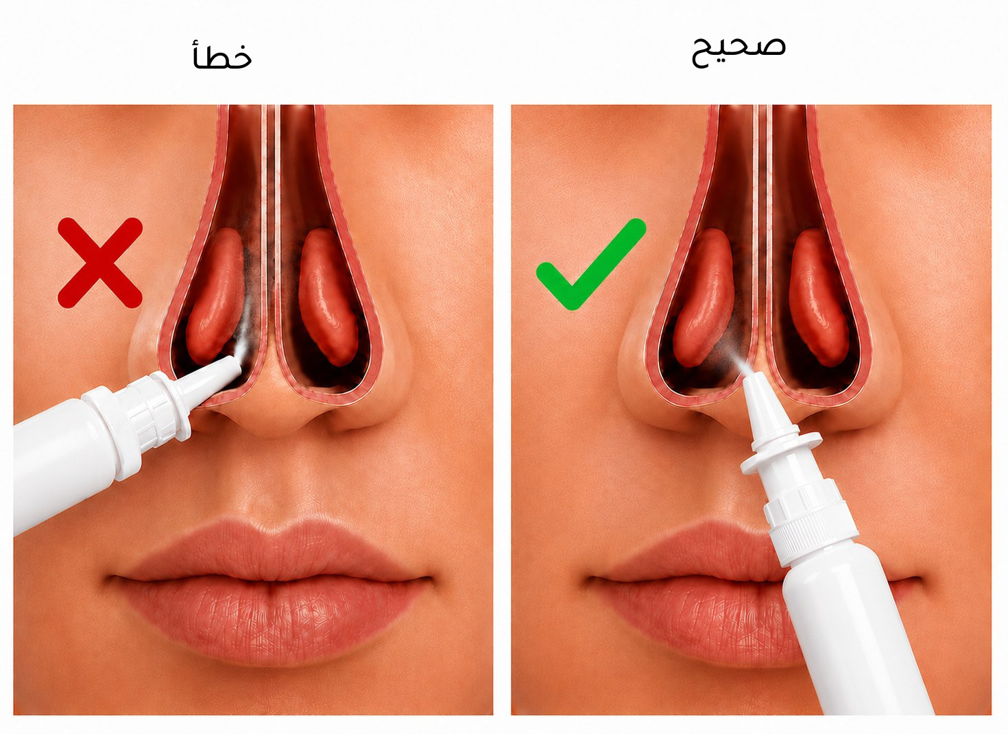 رسم يقارن بين الطريقة الخاطئة لاستخدام بخاخ الأنف، الموجهة نحو الحاجز الأنفي، والطريقة الصحيحة، الموجهة نحو الخارج باتجاه الأذن.