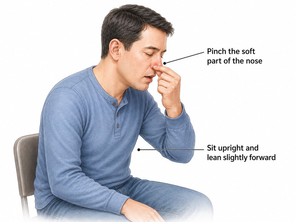 Illustration showing how to stop a nosebleed: sit upright and lean slightly forward, and pinch the soft part of the nose.