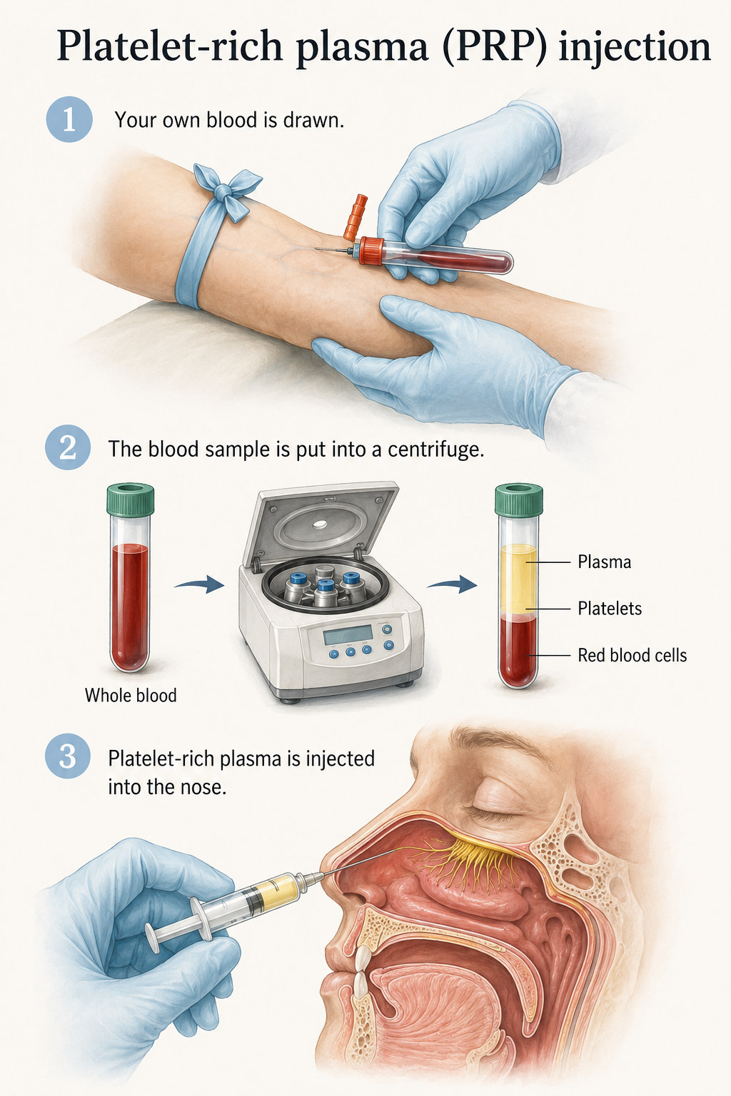 Three-step illustration showing blood collection, centrifugation, and platelet-rich plasma injection into the nose.