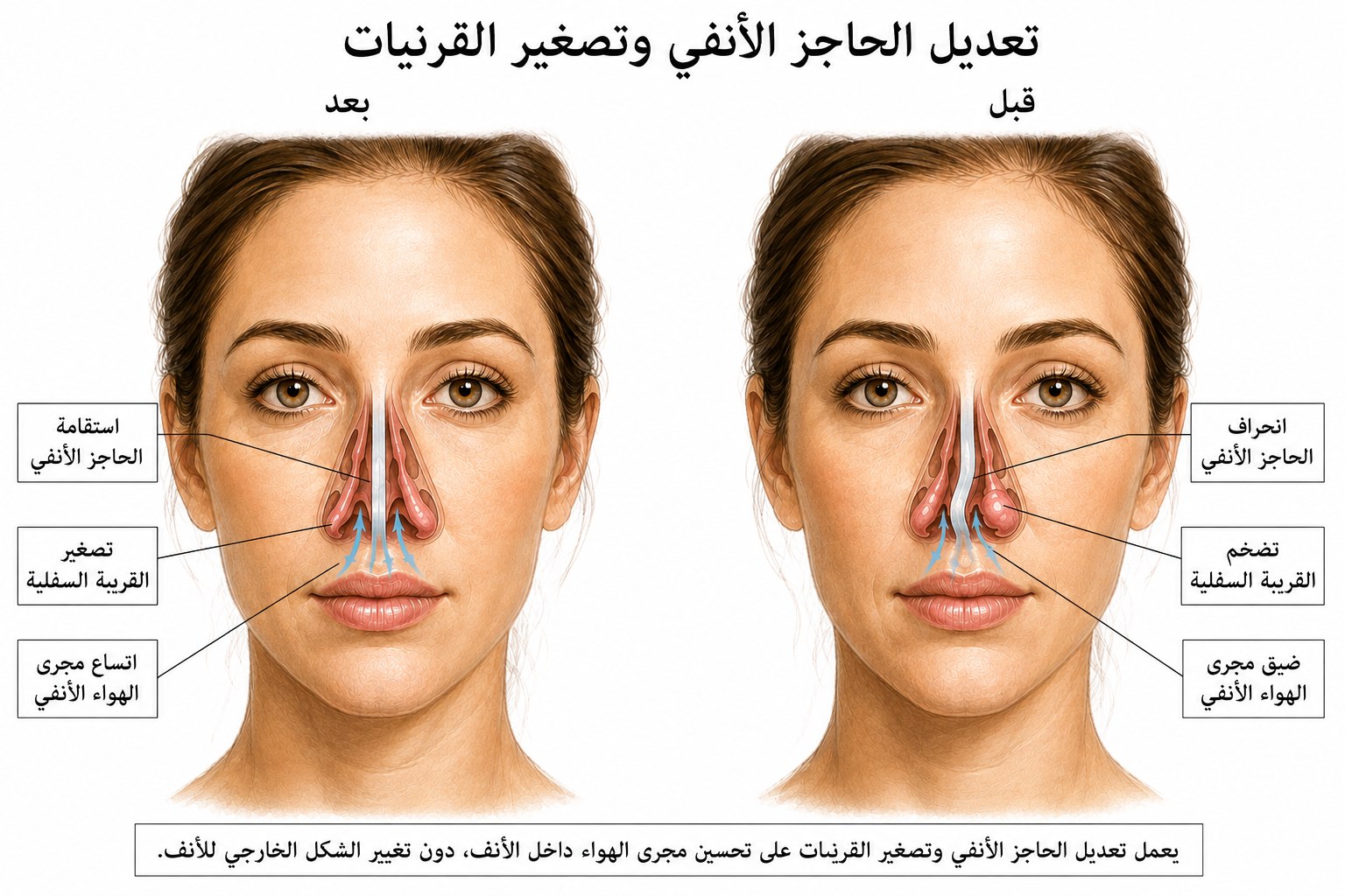 رسم يقارن بين انحراف الحاجز الأنفي وتضخم القرنية الأنفية السفلية قبل الجراحة، واستقامة الحاجز وتصغير القرنية الأنفية بعد تصحيح الحاجز الأنفي وتصغير القرنيات، موضحًا اتساع مجرى التنفس الأنفي.