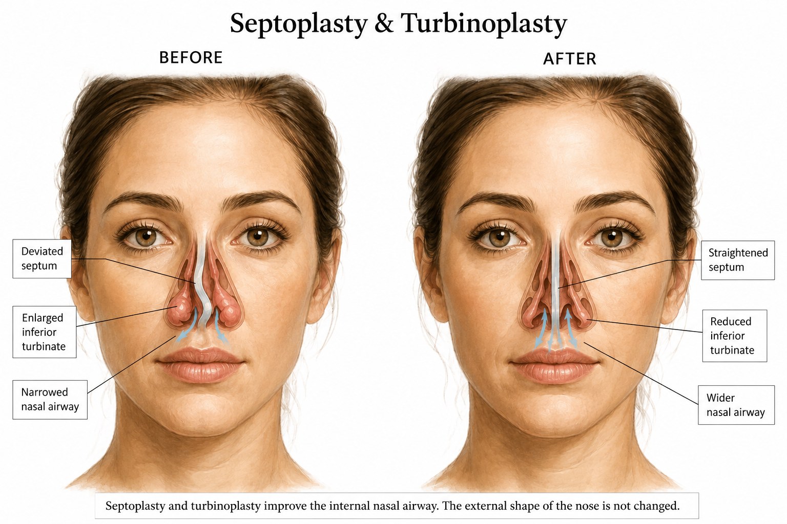Diagram comparing a deviated septum and enlarged inferior turbinate before surgery with a straightened septum and reduced turbinate after septoplasty and turbinoplasty, showing a wider nasal airway.
