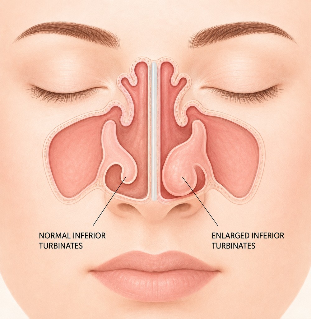 Diagram comparing normal inferior turbinates with enlarged inferior turbinates, showing how swelling narrows the nasal airway.